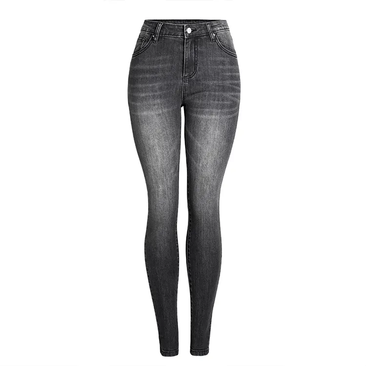 Celana Jeans elastis wanita, celana Denim abu-abu kaki kecil Slim Fit musim panas untuk perempuan