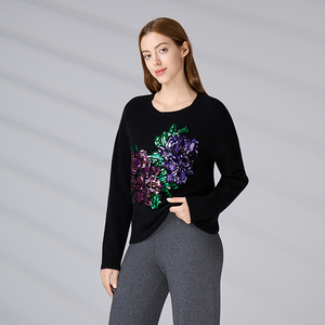 Custom European American <b>Women</b> Colorful <b>Sequin</b> Floral Crew Neck Long Sleeve Soft Pullover Fall Winter Knitted Sweater - Product Image 5