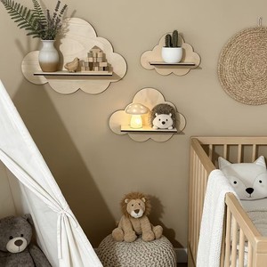 Wooden Cloud Wall <b>Shelf</b> With <b>Hooks</b> For Keys Storage And Decoration Living Room Multipurpose Wall Mounted Type - Product Image 1