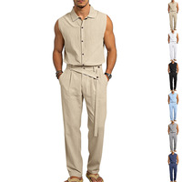 Setelan Kemeja Tanpa Lengan dan Celana Panjang Pria Smart Casual Tekstur Linen Musim Panas 2 Potong dengan Tali Pinggang Pakaian Resort