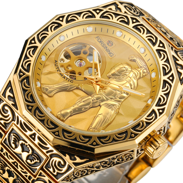 Forsining Vintage Gold Mechanical Watch for Men Luxury Engraved Irregular Case Stainless Steel Strap Business Automatic Watches