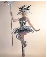 Costume LED Lumineux Reine des Neiges Argentée, Tenue Futuriste Flocon de Neige Miroir pour Performance Gogo en Boîte de Nuit