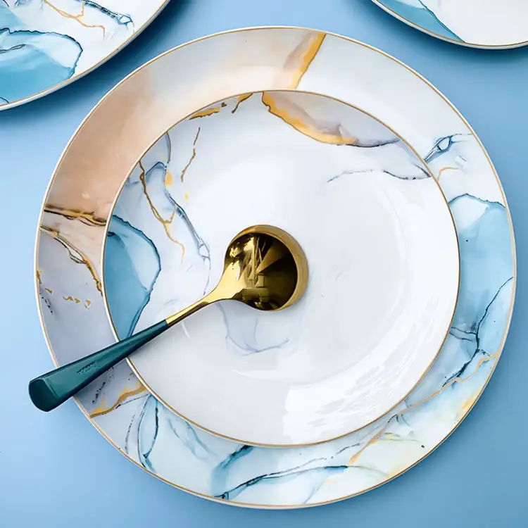 Plato de porcelana de <span class=keywords><strong>estilo</strong></span> nórdico occidental chino, platos de cerámica de lujo, bohemios, blanco y azul, para restaurante