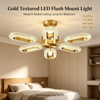 Plafonnier LED radial moderne de luxe à 6 bras, lampe encastrée dorée avec abat-jour texturé en maille diamantée pour salon, villa