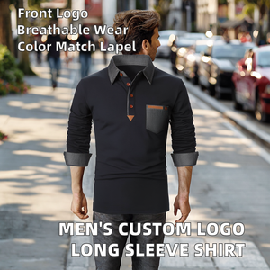 Custom Logo Solid Breathable Knitted Polyester Men <b>Long</b> Sleeve Shirt Front Logo Color <b>Matching</b> Lapel Pocket Digital Printing Top - Product Image 2