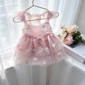 Pink Lace Pet Dress with D-ring 3D Flower Tiered Puppy Tutu Skirt Ruffle Dog Princess Dress Pet Clothes for Small Dogs Cats - Product Image 2