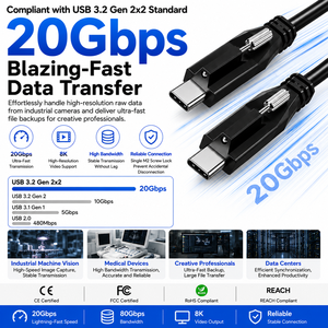 สายเคเบิล LUNG KAY 100W 5A USB 3.2 Gen 2x2 Type C พร้อมระบบล็อคด้วยสกรูเดี่ยว ความเร็วสูง 20Gbps สายเชื่อมต่อที่ปลอดภัยสำหรับกล้องอุตสาหกรรม VR - Product Image 2