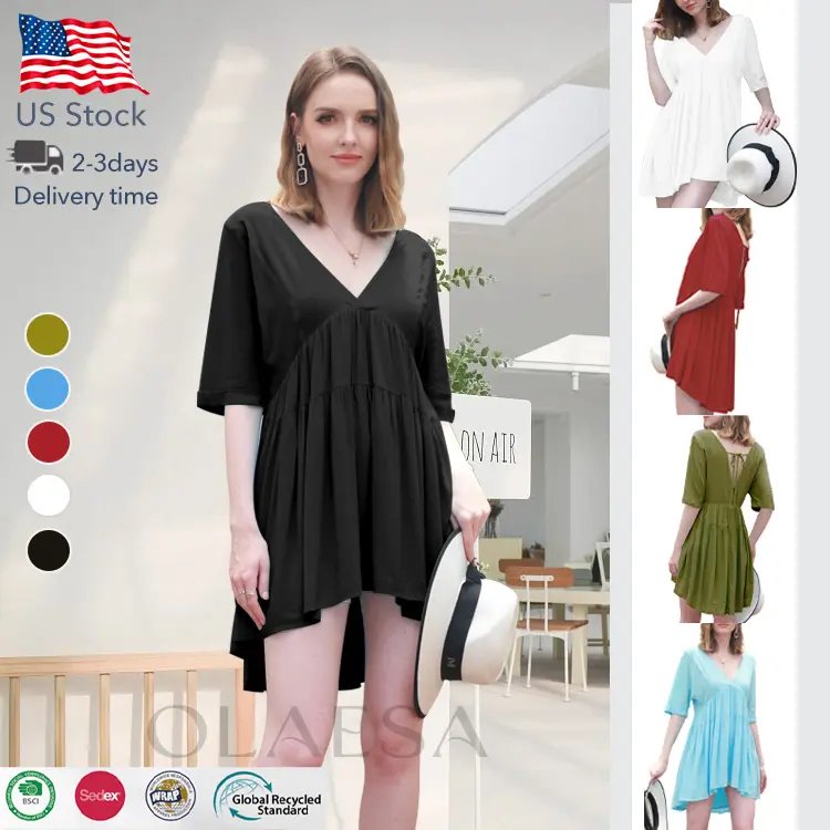 2023 USA In Stock Black Red Blue Green V Neck Short Sleeve Backless Knitted Mini Babydoll Dress Summer Dress Women Dress