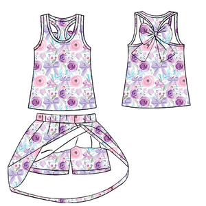 Ensemble 2 pièces décontracté en soie de lait imprimée pour filles : débardeur dos nageur respirant avec nœud arrière et jupe-short, tenue d'été pour enfants - Product Image 4