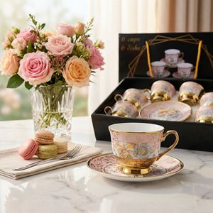 Juego de Tazas <span class=keywords><strong>y</strong></span> Platos de Cerámica con Diseño Floral, Chapado en Oro Europeo, 90 ml, Porcelana Premium, para <span class=keywords><strong>Café</strong></span>, Té, Regalo para la Hora del Té - Product Image 1