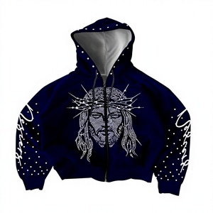 Sweat à capuche zippé bleu marine pour homme, imprimé Jésus pailleté, coupe oversize streetwear, ajustement régulier, pour l'automne, avec détails en strass - Product Image 3