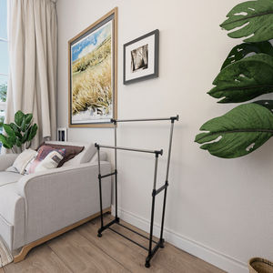 Estante de ropa de doble barra de hierro y <span class=keywords><strong>Metal</strong></span> moderno, organizador de ropa colgante portátil para dormitorio, sala de estar para zapatos - Product Image 1