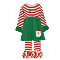 Weihnachts tunika und Hosen Mädchen Outfits Baumwolle Rüschen ärmel Smocked Kleid passend zu dreilagigen gestreiften Hosen Weihnachts outfits