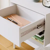 Table de chevet blanche de style mi-siècle avec tiroir, étagère de rangement ouverte, pieds en bois, pour chambre à coucher, petit espace, décoration