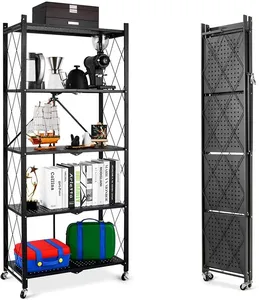 Moderne Opvouwbare Metalen Stalen Rek Keuken Rekken Organizer 5 Tier Opslag Shlves Met Wielen