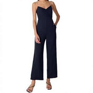 Mono de mujer de cintura alta sin mangas con cuello en V, color liso, de crepé, de pierna ancha, largo hasta el tobillo, elegante, para primavera y verano, con bolsillos. - Product Image 1