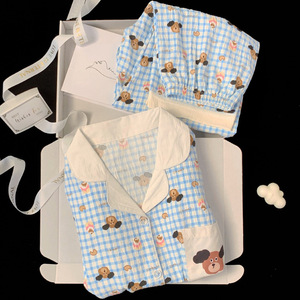 Pyjama long à manches longues pour femme <span class=keywords><strong>Cloud</strong></span> Soft, automne, mignon, motif à carreaux, vêtements de maison, ensemble, col en V, vente en gros - Product Image 3
