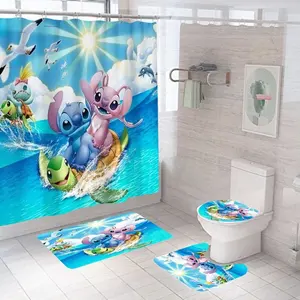 Juego de baño de cortina de ducha de dibujos animados para niños con alfombras Juego de cortina de ducha 4 piezas