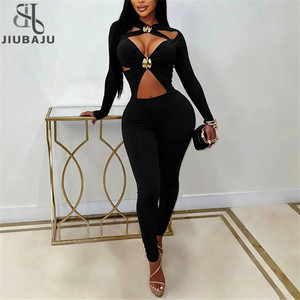 Jiuabju Tuta da <span class=keywords><strong>Donna</strong></span> Sexy con Cut-out, Maniche Lunghe, Incrocio Frontale, Fibbia Metallica, Vestibilità Aderente, per Club e Feste - Product Image 1