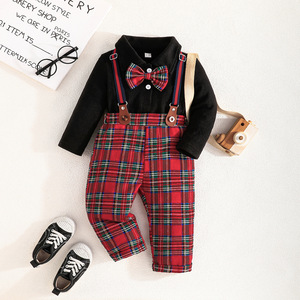 <span class=keywords><strong>Set</strong></span> di Abbigliamento Primaverile e Autunnale per Neonati: Body a Maniche Lunghe con Fiocco + Salopette a Quadri, Completo Elegante per Bambini - Product Image 2