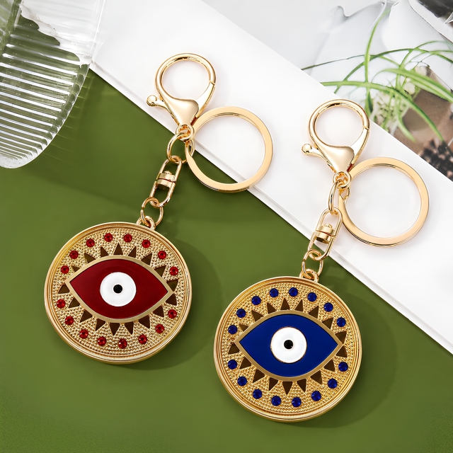 Vintage Evil Eye Keychain Enamel Rhinestone Gold Plated Lucky Amulet Bag Charm Car Key Ring Fashion Women Protection Gift
