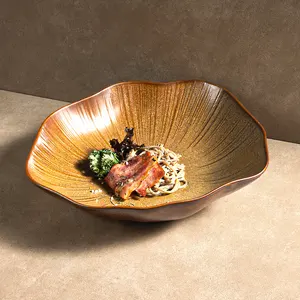 Retro Dishwasher Safe Ceramic Tableware For Restaurant Hotel Serving Large Dinner Brown Crockery Dish Unique Porcelain Soup Bowl