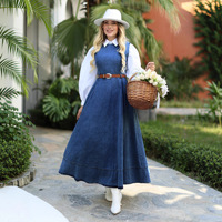 Robe longue sans manches en jean bleu denim pour femmes musulmanes Jalabiya Moyen-Orient Maxi Robe en jean Abaya islamique avec ceinture amincissante pour l'Aïd Ramadan