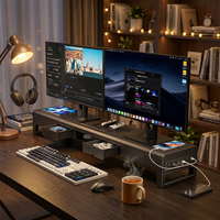 Support de moniteur double tout-en-un élégant de 110 cm avec tiroirs de rangement dissimulés et hub de charge pour appareils électroniques