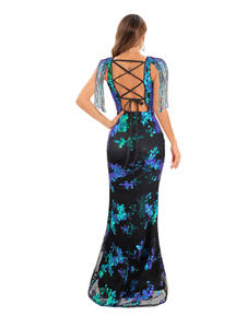 أحدث تصميم شرابات الترتر فتحة رقبة حرف V عارية الذراعين أنيق نسائي فستان طويل فستان سهرة فساتين حفلات - Product Image 2