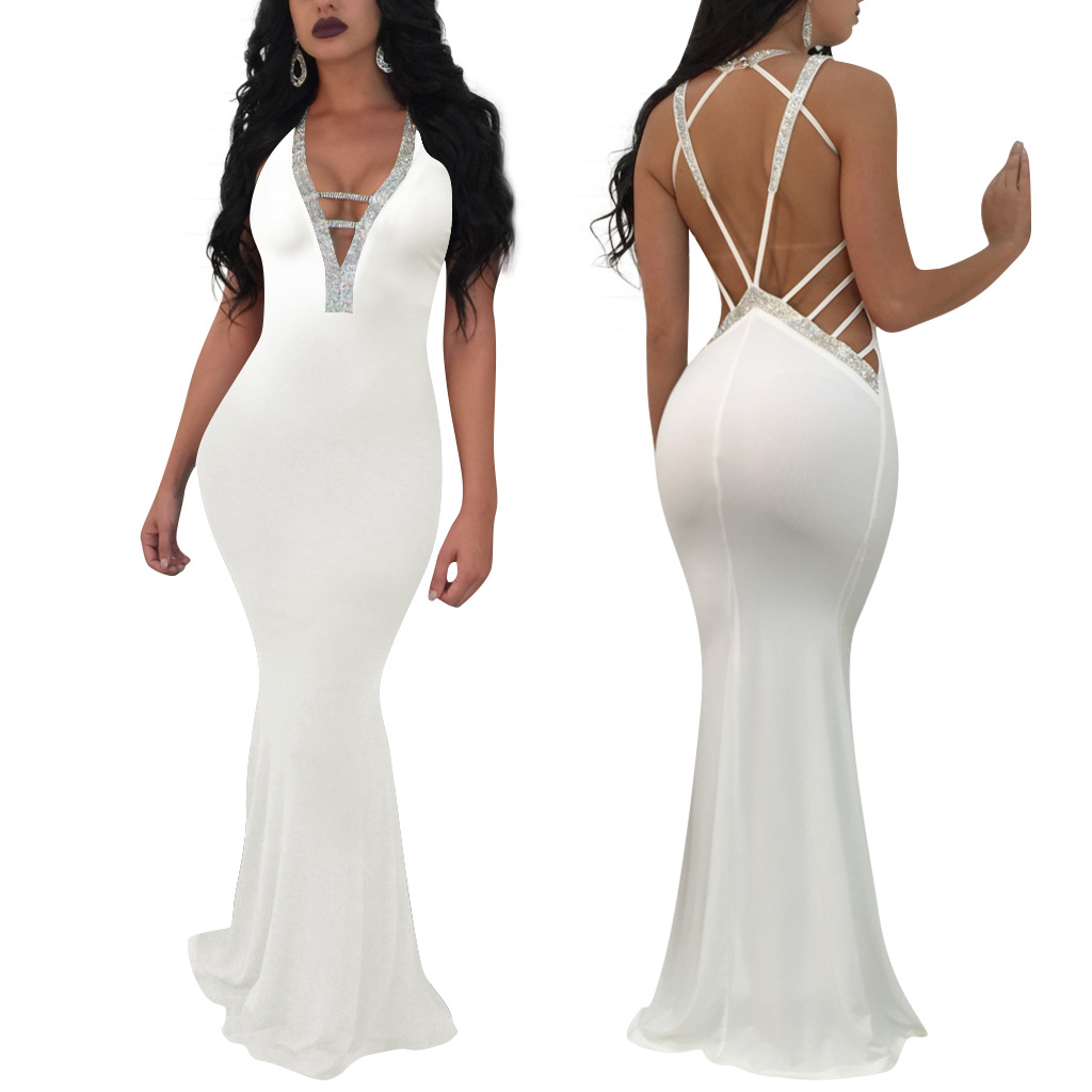 SA3946 white color fish cut sleeveless long bodycon elegant lady evening dress