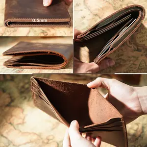 Simple Vintage Style Handmade Men Real Full Grain Leather Wallet Stock Wholesale Crazy Horse Bifold Genuine Leather Wallet