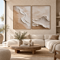 Lot de 2 tableaux en toile 3D relief beige sable, motif vague océanique, diptyque pour décoration de spa, hôtel, chambre et salon