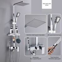 Mitigeur de douche mural en laiton style classique avec barre coulissante, pommeau carré effet pluie, jet doux, eau chaude et froide, finition céramique brossée