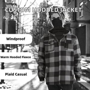 Boomletcorp Custom Casual Hooded Winter Fleece <b>Jacket</b> Men Oversized <b>Flannel</b> Plaid Regular Sleeve Canvas Fabric Zipper Quick Dry - Product Image 2