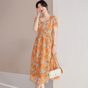 Plus Size French Style High Waist Floral Dress Square Neck Orange Purple Blue Polyester Summer Women's Dress - Product Image 4