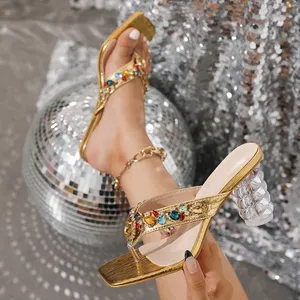623-1 Clear rhinestone heeled ladies high heel slippers summer fashion ladies shoes