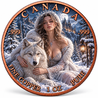 Pièce de monnaie canadienne en cuivre fin .999 de 1 oz, gravure 3D, impression UV 2D, art de la fille loup des neiges, médaille commémorative de collection