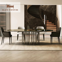 Table à manger ovale moderne de luxe BLAINE avec plateau en marbre naturel et base en acier, garantie de 3 ans, personnalisable