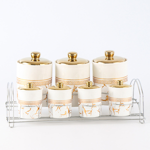 Home Küche Luxus Marmor Design <span class=keywords><strong>Gold</strong></span> 7PCS Keramik Tee Kaffee Zucker Luftdichte Lager behälter Gewürz glas <span class=keywords><strong>Set</strong></span> - Product Image 2