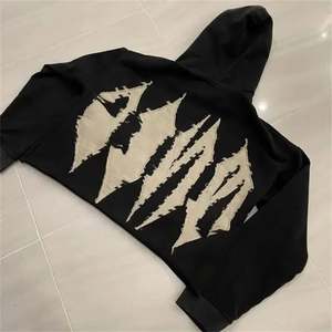 Vente en gros, logo personnalisé, patch brodé vintage, épaule tombante, ourlet brut, streetwear, pull à capuche unisexe - Product Image 2