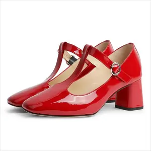 New Arrivals Ladies High Quality Beautiful Women Design Red Block Heels Square Toe Pumps Chunky Heels Shoes 2022