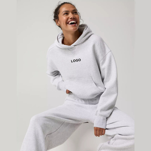 Ensemble de survêtement gris à capuche pour femme, coupe ample, manches longues, couleur unie, en coton, avec logo imprimé sur le devant, tenue décontractée - Product Image 1