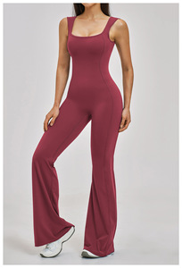 Tuta da yoga da <span class=keywords><strong>donna</strong></span>, intera, sportiva, <span class=keywords><strong>per</strong></span> esterni, con pantaloni svasati, effetto spazzolato, senza schienale, modellante, rossa - Product Image 2