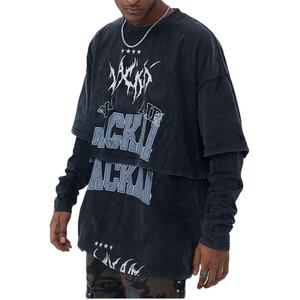 Camiseta de Hombre con Logotipo Personalizado, Camiseta de Manga Larga de Doble Capa, Estilo Urbano, Vintage, Holgada, Lavada al Ácido - Product Image 3