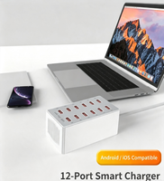 Caja de Carga para Escritorio, 60W, 12 Puertos USB, Estación de Carga Ignífuga para Laptop, Dispositivos Médicos y Múltiples Dispositivos con Enchufe US/EU/UK/AU