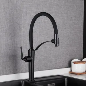 Deck Mount Silicone Pull Water Tap Black Brass Black Rubber Out Down Sink Water Single Handle Kitchen Faucet