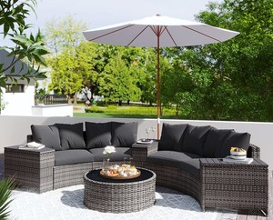 <span class=keywords><strong>Patio</strong></span> ngoài trời hình vòng cung phân đoạn PE mây sofa đồ nội thất vườn Vòng <span class=keywords><strong>wicker</strong></span> mây sofa với đệm và bảng - Product Image 1
