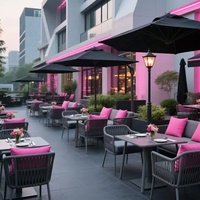 Ensemble de table et de chaises de restaurant de style européen moderne en cuir PU noir et rose avec structure en métal, meubles de salle à manger commerciaux pour l'extérieur