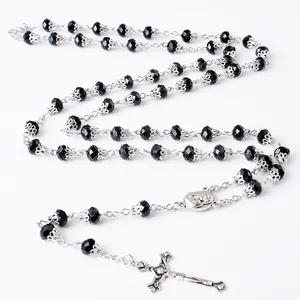 Rosary Handmade Round Glass Imitation Pearl Bead Alloy Cross Pendant Christian Catholic Religious Pendants Necklace