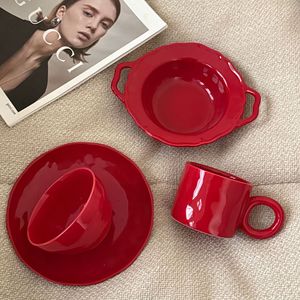Modern Warm Red Ceramic Porcelain Tableware Set Western Dinnerware for Wedding Parties-JADE Brand Coffee <b>Cup</b> <b>Saucer</b> Dessert Dish - Product Image 3